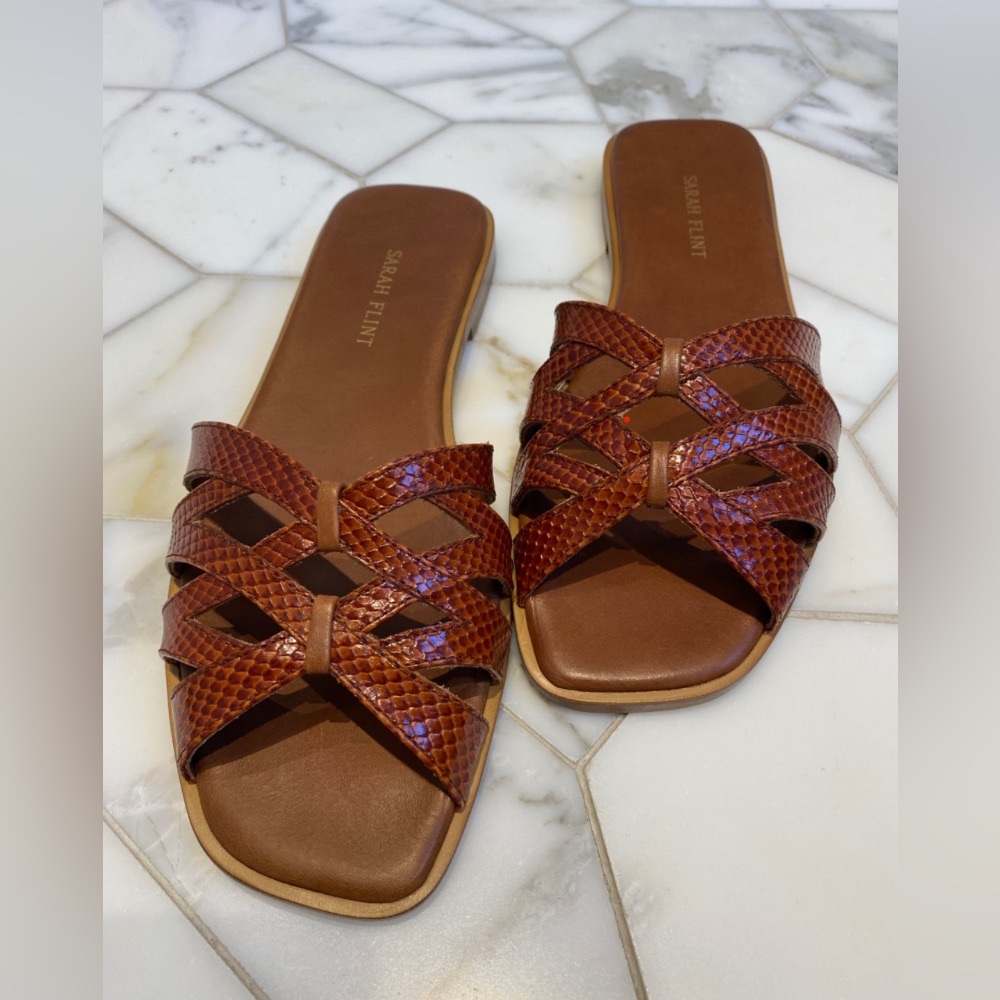 Sarah Flint - Kim Sandal Toffee Brown Embossed Calf Leather Slides, Size 9